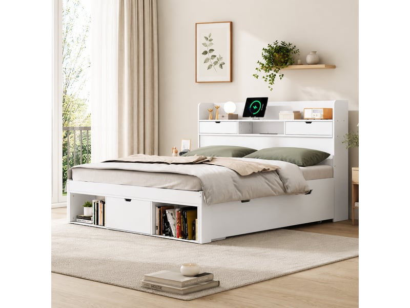  Lit double multifonction 140x190 cm blanc avec armoire de rangement, tiroirs, port usb et type-c, sommier à lattes  - Conforama D