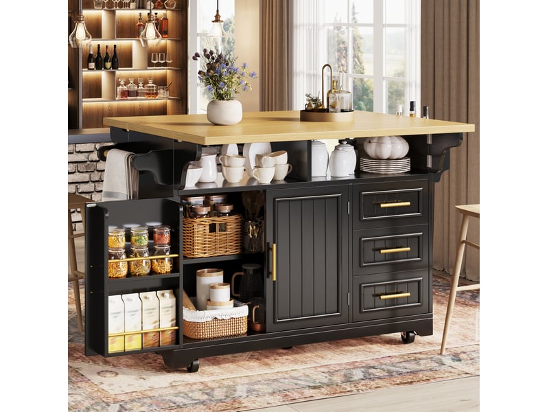  Desserte de cuisine mobile noir décor chêne avec plateaux rabattables et 3 tiroirs  - Conforama B