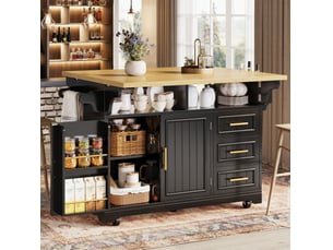 Desserte de cuisine mobile noir décor chêne avec plateaux rabattables et 3 tiroirs