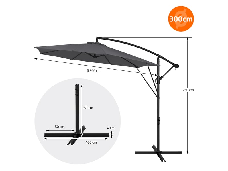 Ml-design parasol déporté ø 300 cm anthracite en aluminium avec manivelle protection uv50+ tissu imperméable modèle inclinable et pivotant 360° meuble pour jardin terrasse housse et support inclus  - Conforama E