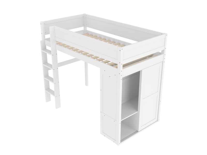Lit mezzanine blanc 90x200 cm en pin, armoire, rangements et espace ouvert - Conforama E