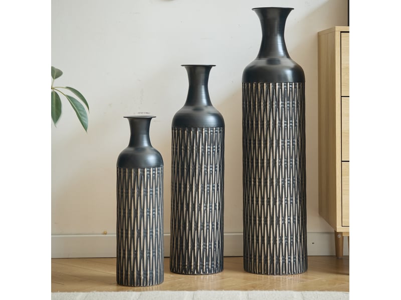  Lot de 3 vases de sol en métal noir à relief vertical, pour fleurs séchées et décoration de style industriel  - Conforama E