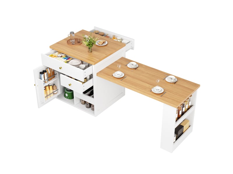  Îlot de cuisine 122,5 à 195,5 x 70 x 93,8 cm blanc en mdf et métal, plateau extensible et rangements intégrés  - Conforama A