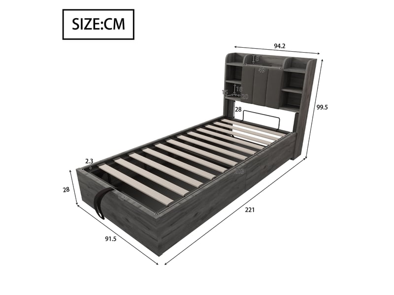  Lit coffre 90 x 200 cm, coffre à relevage hydraulique, ports usb, étagères de rangement, sommier à lattes, pour la chambre, mdf, gris ABC - Conforama C