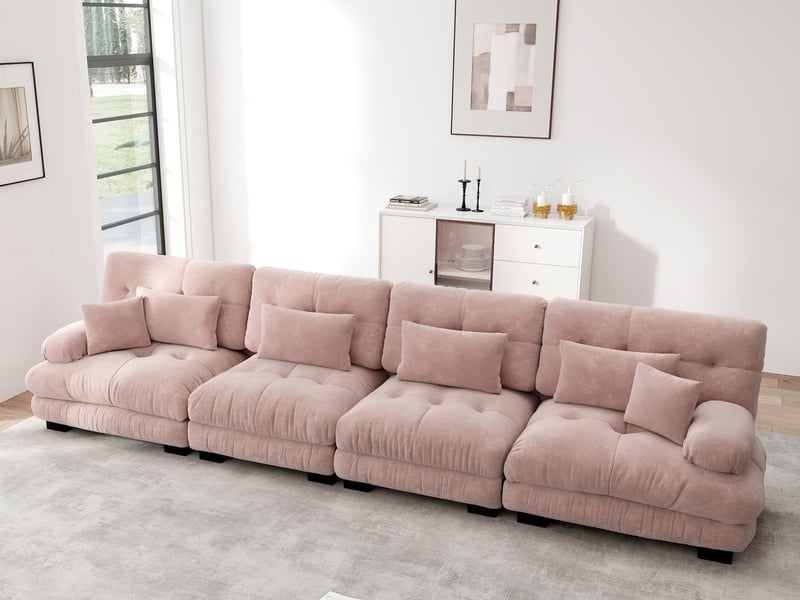  Canapé droit modulable4 places, assise extra-profonde, larges accoudoirs, chenille rose, 406x77x81cm, pour salon  - Conforama B