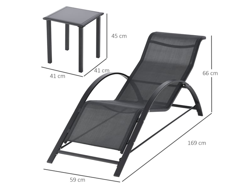  Salon de jardin 3 pièces 2 transats et 1 table d'appoint métal et tissu noir  - Conforama C