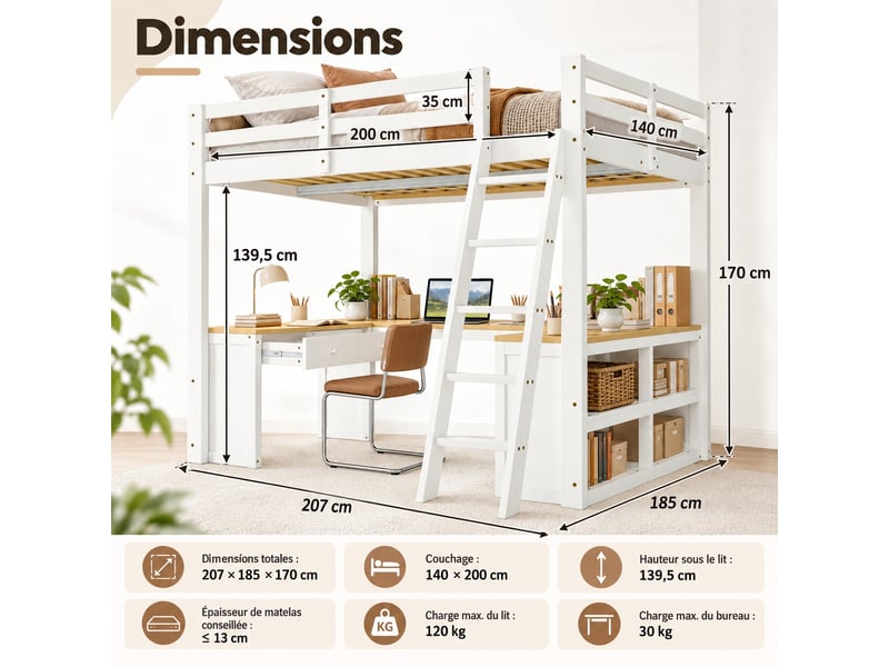  Lit mezzanine enfant 140 x 200 cm avec grand bureau en u, 2 tiroirs, étagère et échelle inclinée, blanc et naturel  - Conforama C