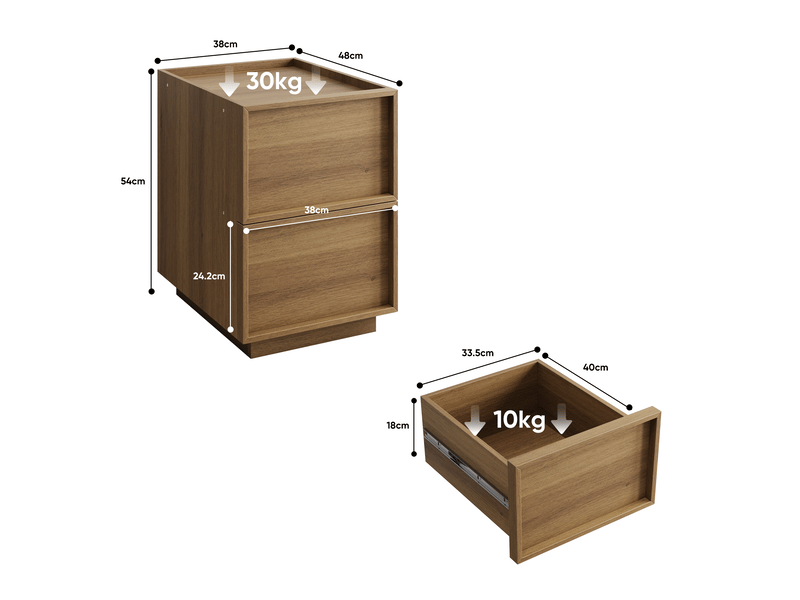  Lot de 2 tables de chevet 48x38x54 cm, 2 tiroirs, sans poignées, meuble de chambre, mdf et aggloméré, couleur chêne  - Conforama C