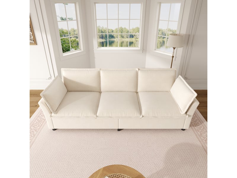  Canapé de salon 3 places 220x81x87 cm, confort moelleux effet nuage avec cadre métal et 2 coussins d’accoudoirs, chenille, beige  - Conforama D