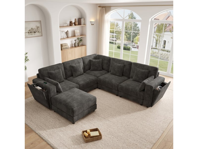  Canapé d'angle modulable 6 places en tissu chenille gris avec ports usb et c porte-gobelets et rangement 7 coussins  - Conforama B
