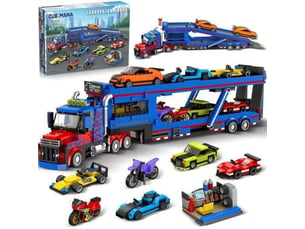 Set de construction camion transport 1050 pieces avec rampe ajustable et mini vehicules
