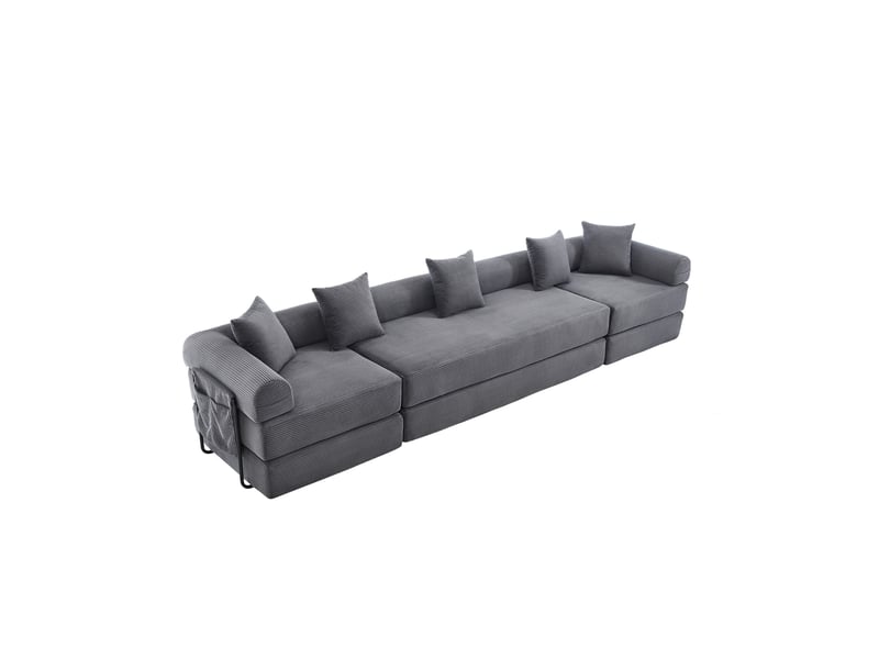  Canapé d’angle modulable convertible 4 places en velours côtelé gris foncé, avec poches latérales pratiques  - Conforama A