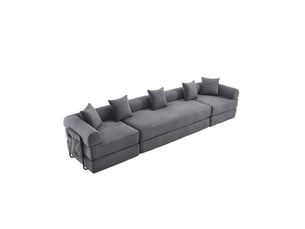Canapé d’angle modulable convertible 4 places en velours côtelé gris foncé, avec poches latérales pratiques