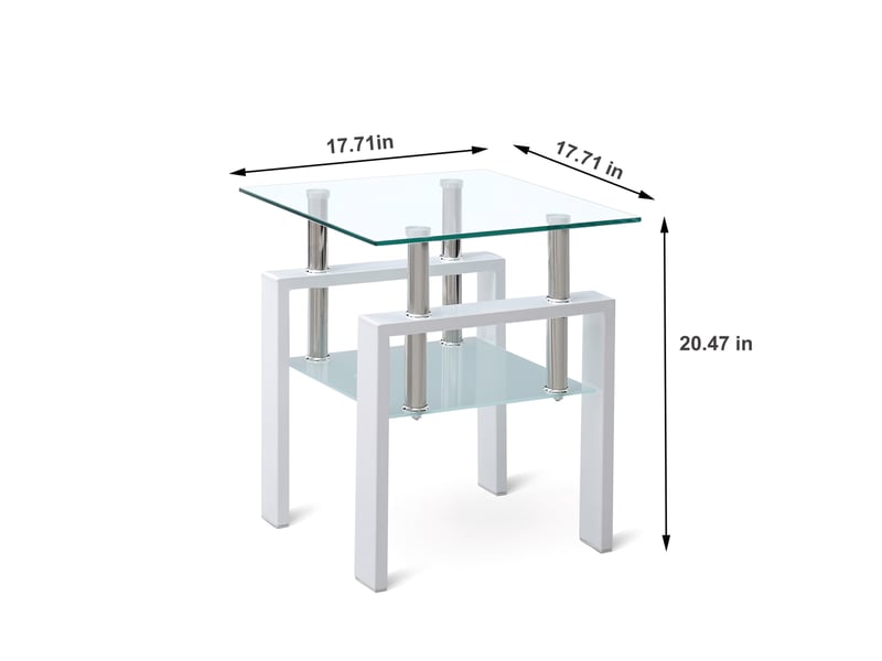  Lot de 2 bouts de canapé ulevr en verre trempé transparent, 2 niveaux de rangement, 44,98 x 44,98 x 51,99 cm, structure blanche  - Conforama C