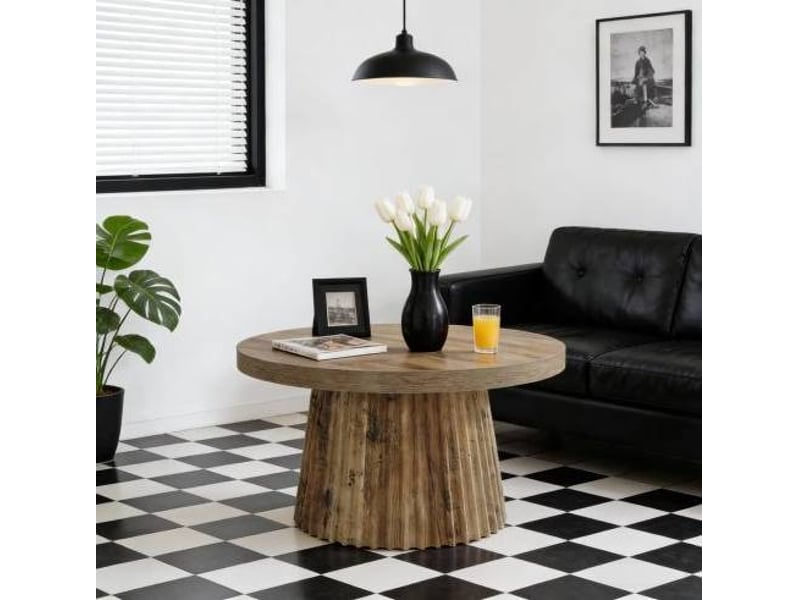  Table basse ronde 80x80x45 cm pied cannelé mdf marron  - Conforama B