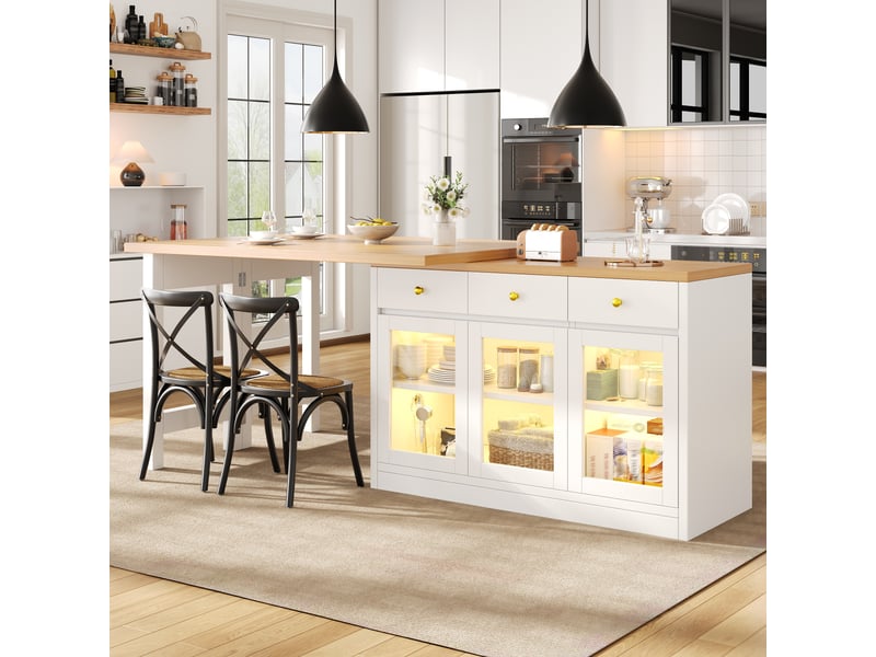 Îlot de cuisine extensible 120-200 cm avec led rgb, 3 tiroirs et 3 portes vitrées, table bar en mdf blanc - Conforama B