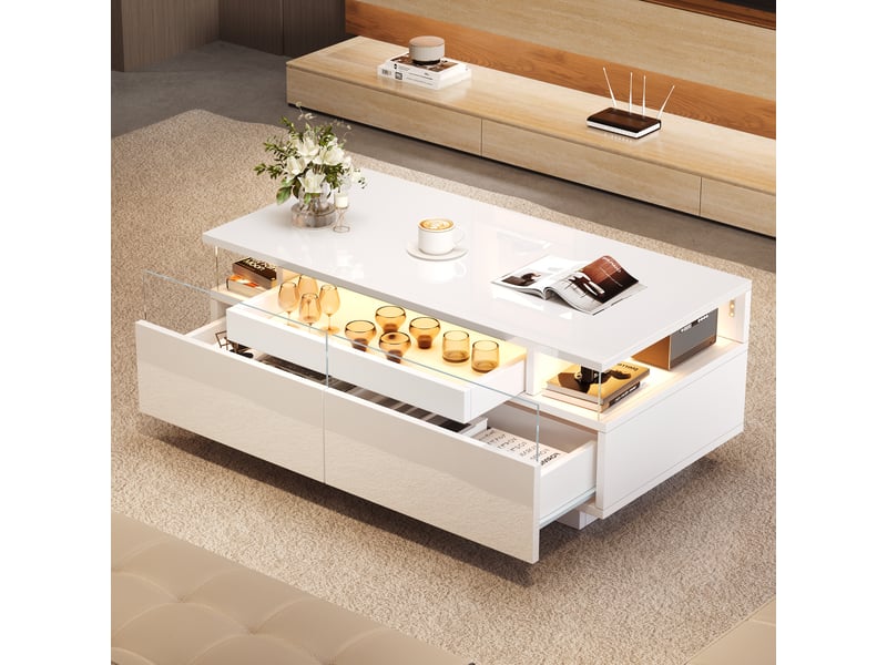  Table basse blanche brillante avec led 90x45cm - 2 tiroirs acrylique et plateau amovible  - Conforama D