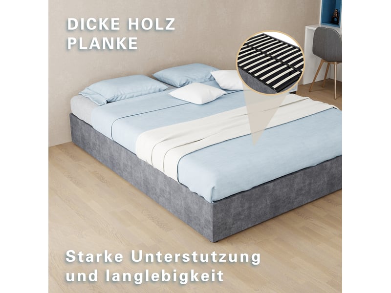 Lit coffre 140x200 cm avec matelas gris en tissu velours et métal  - Conforama D