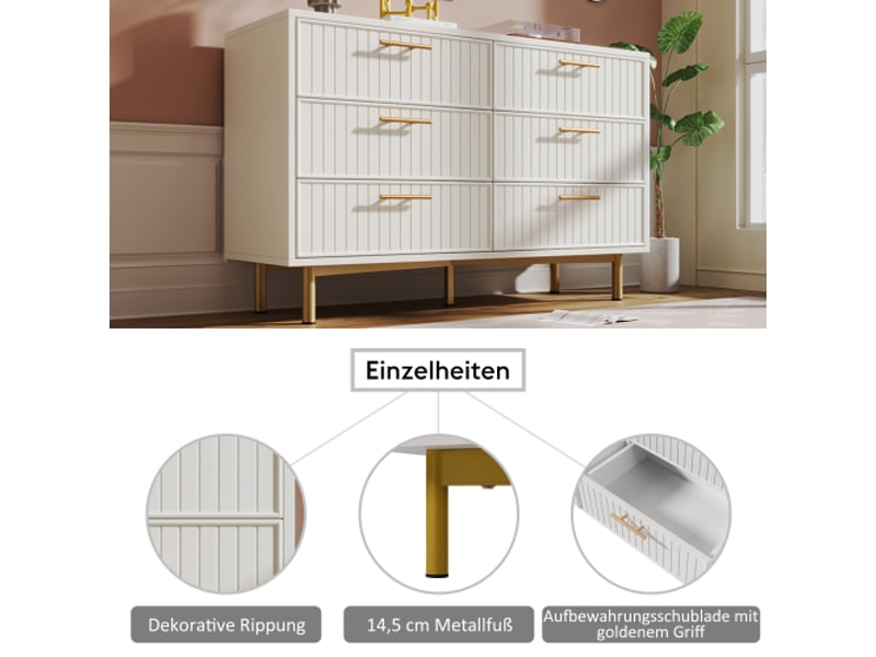  Commode 120x40x75 cm avec 6 tiroirs, buffet bas avec rangement, buffet salon en blanc, pour salon et chambre à coucher  - Conforama E