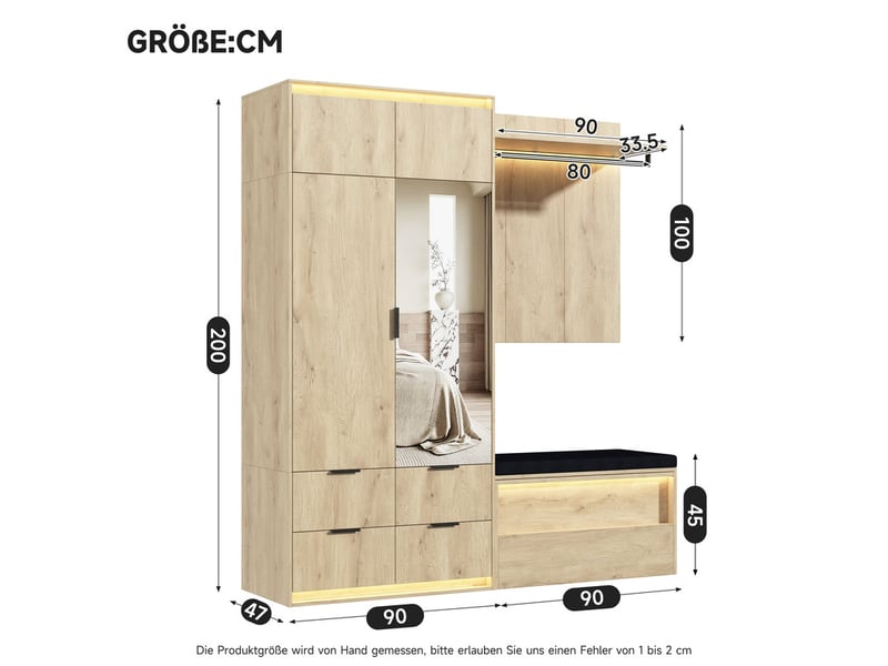  Ensemble entrée avec LED et miroir, 180x47x200 cm, 2 penderies, 4 tiroirs, 3 LED – finition anthracite/chêne  - Conforama C