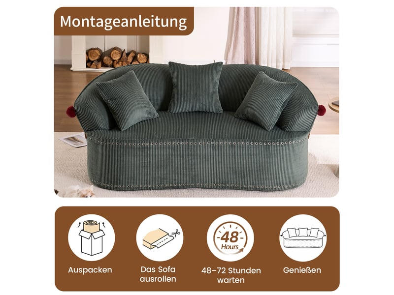  Canapé 2 places velours côtelé vert 163x93x68 cm, silhouette incurvée, 3 coussins inclus  - Conforama B