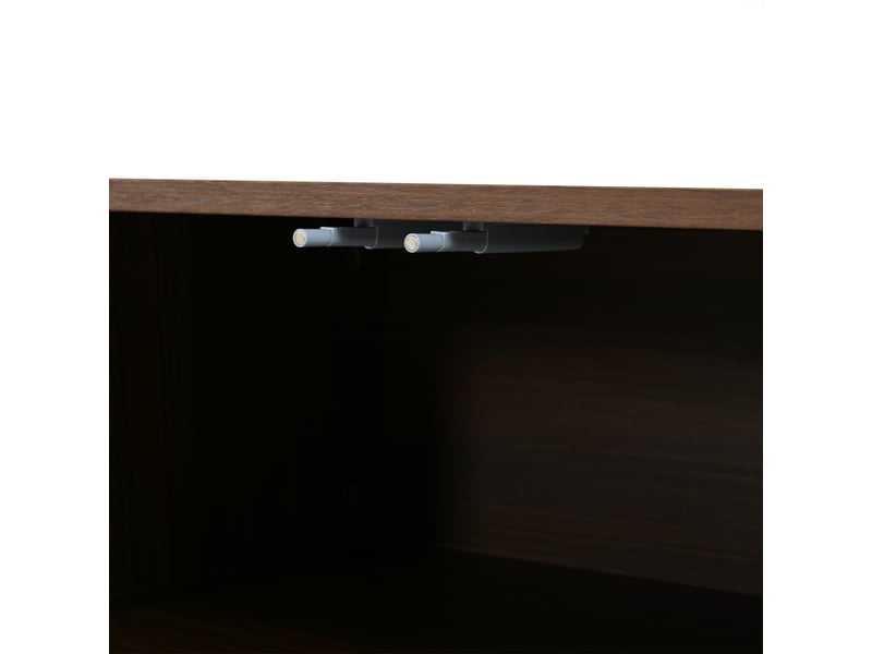  Table basse ovale en mdf avec portes coulissantes à lattes, couleur noyer, pieds en bois massif, 100x40x38cm pour salon.  - Conforama W