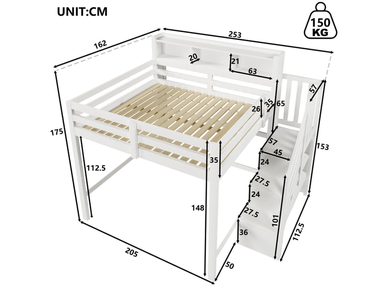  Lit mezzanine modenvie 140 x 200 cm avec led escalier de rangement étagères ouvertes bois mdf contreplaqué blanc sans matelas  - Conforama C