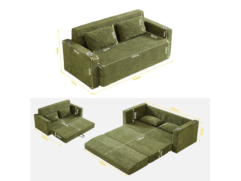 Canapé convertible 2 places pliable avec usb, poches latérales et 2 coussins en velours vert, 153 × 77 × 65 cm - Conforama E