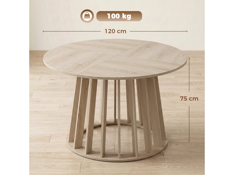  Table à manger ronde pour 4 à 6 personnes, ø 120 x 75 cm, table de cuisine avec piétement à lattes robuste, bois naturel  - Conforama E
