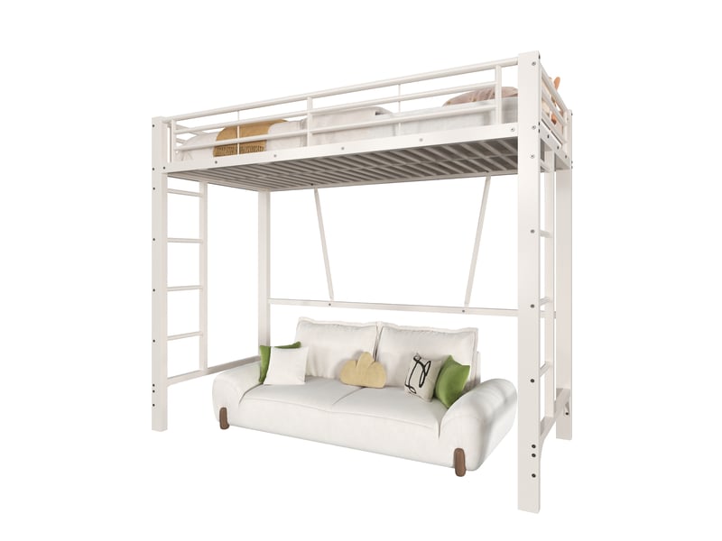 Lit mezzanine 90x200 cm avec cadre métallique, accès double échelle et zone libre sous couchage, vendu sans matelas, métal, blanc OMNIGLINT TRADING LTD - Conforama A