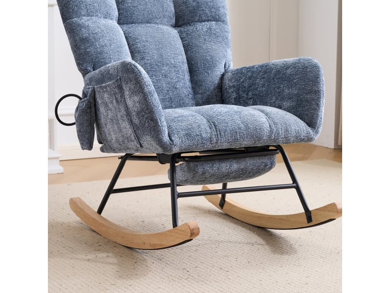  Fauteuil à bascule 63x92x89 cm bleu en tissu chenille, avec repose-pieds et poche de rangement pour salon  - Conforama D