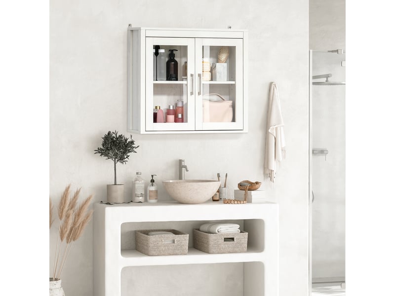  Armoire murale de salle de bain blanche, portes vitrées et étagère réglable, 60 x 19,5 x 54 cm  - Conforama C