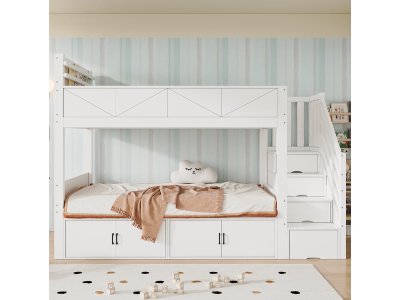  Lit superposé 90x200 cm, escalier de rangement et placards sous le lit, en bois, blanc, sans matelas  - Conforama B
