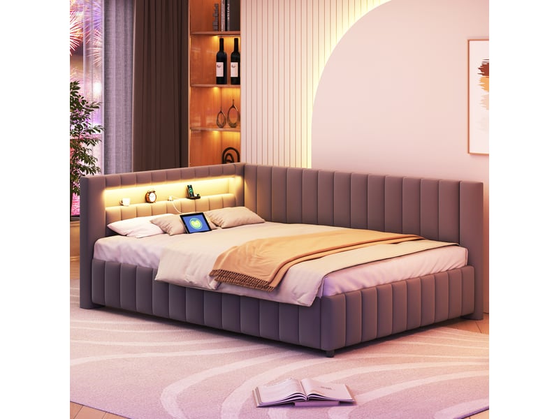Lit banquette enfant rembourré 140 x 200 cm avec led et usb, velours gris Fay Lum - Conforama D