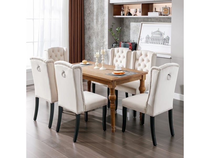  Chaise de salle à manger lot de 6, velours beige chaise rembourrée, pieds en chêne, dossier capitonné, heurtoir chromé, clous tapissiers  - Conforama B
