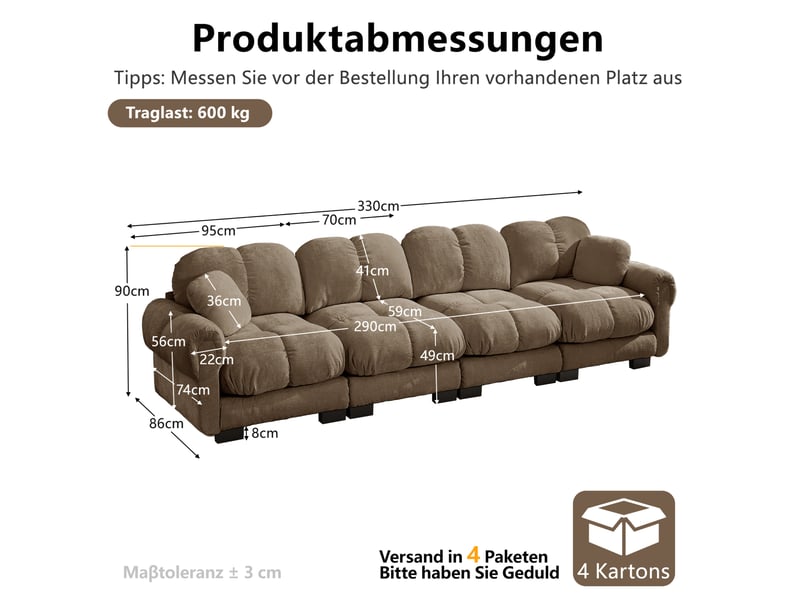  Canapé modulaire modenvie 4 places en chenille marron, assise matelassée et coussins épais, 330 x 86 x 90 cm  - Conforama C