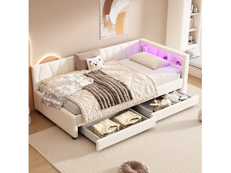  Modenvie lit banquette 90x200 cm - avec tiroirs, niches, led et ports usb-c, sans matelas - beige  - Conforama E