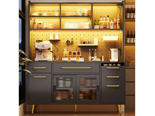 Buffet haut de cuisine 145x39x171 cm – noir – led, rangements modulables, porte vitrée et panneau perforé