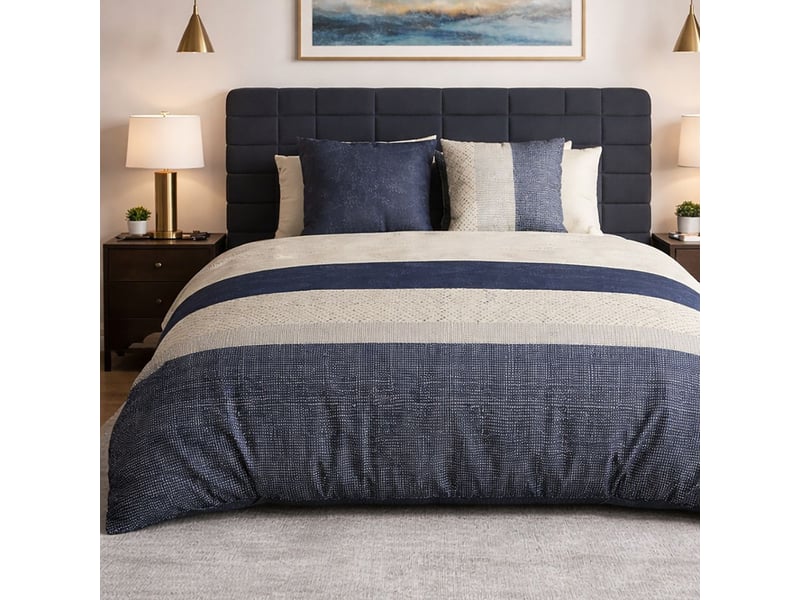  Parure housse de couette 240x220cm + 2 taies motif graphique bleu et blanc 100% coton - dorine DORINE - Conforama C