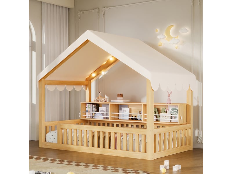  Lit cabane enfant simple 90×200 cm avec led, étagère et barrière - okmyhome- naturel, sans matelas  - Conforama B
