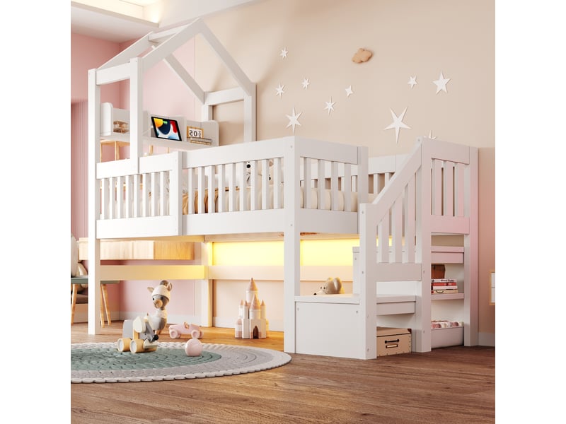Lit mi-hauteur enfant 90x200 cm, lit cabane avec étagère, veilleuse usb, led, échelle avec rangement, garde-corps, espace ouvert, bois blanc - Conforama C