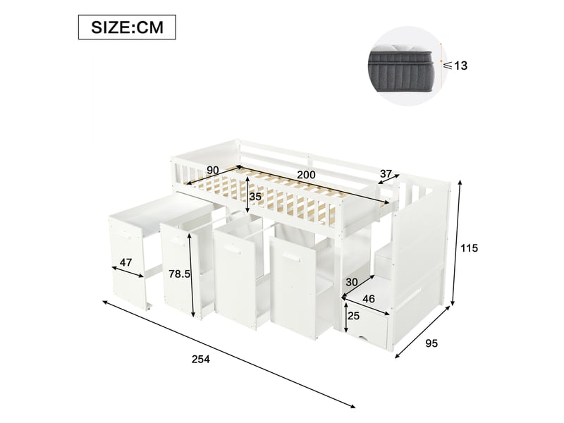  Lit superposé enfant multifonction avec bureau, armoire et rangements, blanc, 90 x 200 cm  - Conforama E