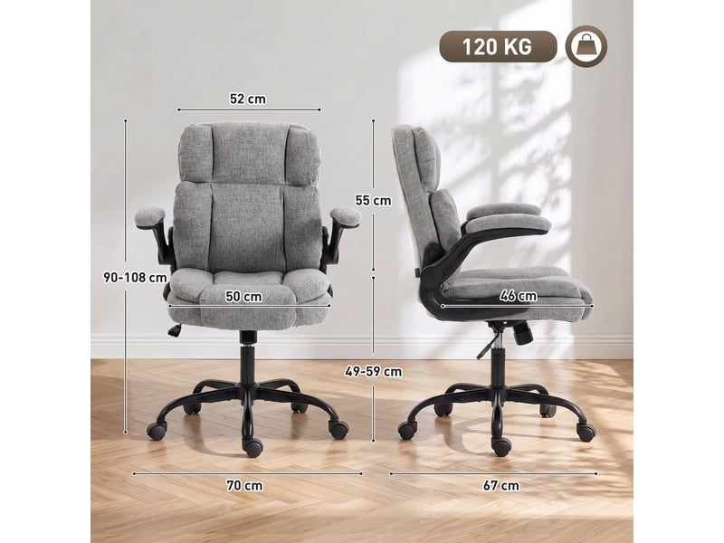  Fauteuil de bureau pivotant avec accoudoirs rabattables, hauteur réglable, inclinable, revêtement en tissu effet lin, gris  - Conforama E