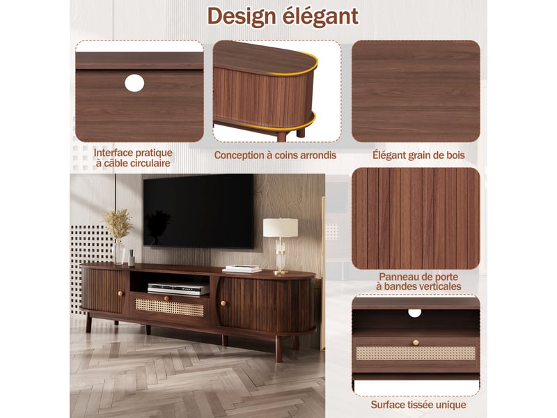  Meuble tv en mdf effet rotin – portes coulissantes et tiroir – noyer foncé – 165 x 37 x 46 cm  - Conforama C