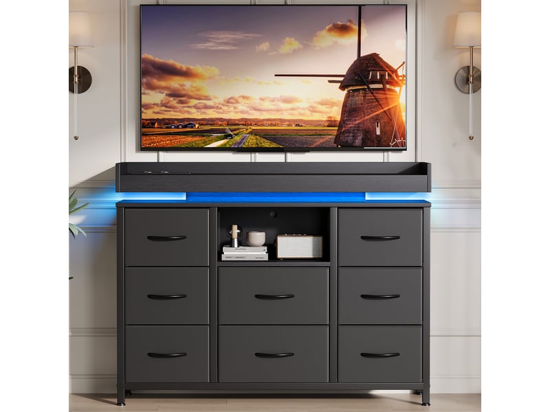 Commode avec 8 tiroirs en tissu,armoire avec led et station de recharge,cadre en métal,100x30x82cm,noir,style moderne - Conforama D