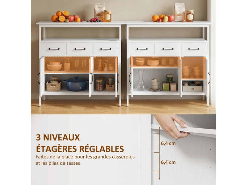 Buffet cuisine, meuble de rangement, 3 portes, 3 tiroirs, compartiment ouvert et étagères réglables, blanc, 95x35x88cm  - Conforama E