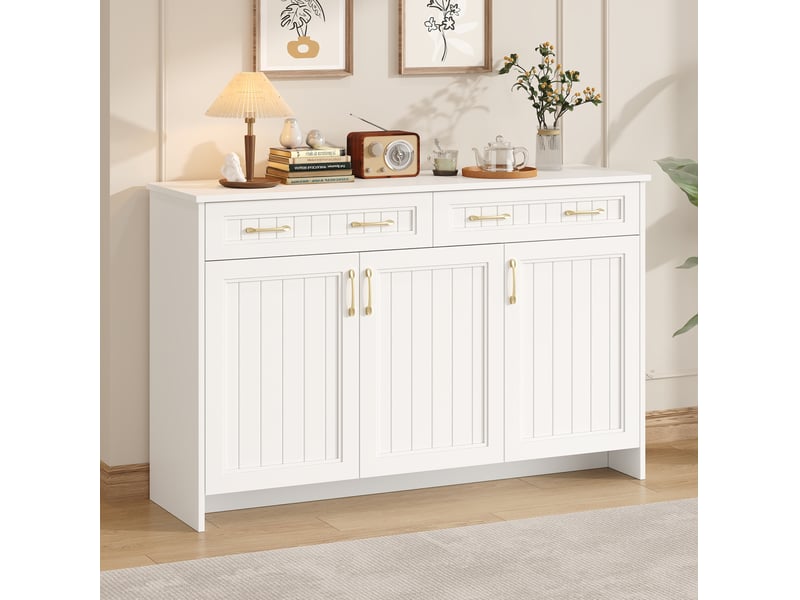 Buffet avec 2 tiroirs et 3 portes 140x40x90 cm, meuble de salle à manger, mdf blanc - Conforama R