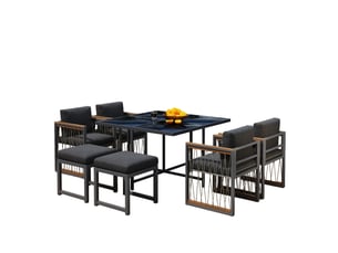 Salon de jardin 7 pièces noir et bois, table en verre trempé 117 x 117 cm, 6 places pour vos repas extérieurs