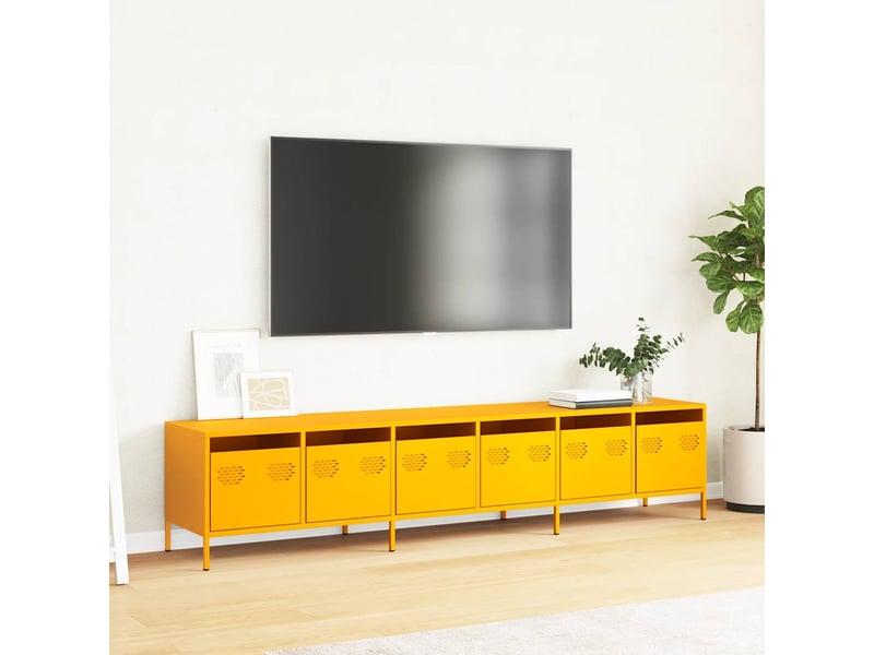  Meuble tv - banc tv - meuble de rangement jaune moutarde 202x39x43,5 cm acier laminé à froid  - Conforama C