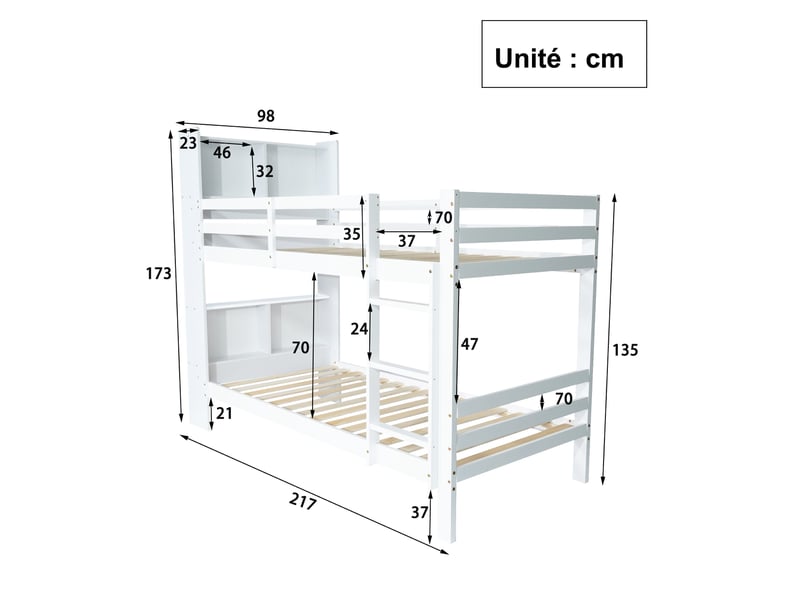 Lit superposé enfant 90x200 cm, lit bois avec étagères et rangement pratique, escalier droit 3 marches - blanc - sans matelas  - Conforama C